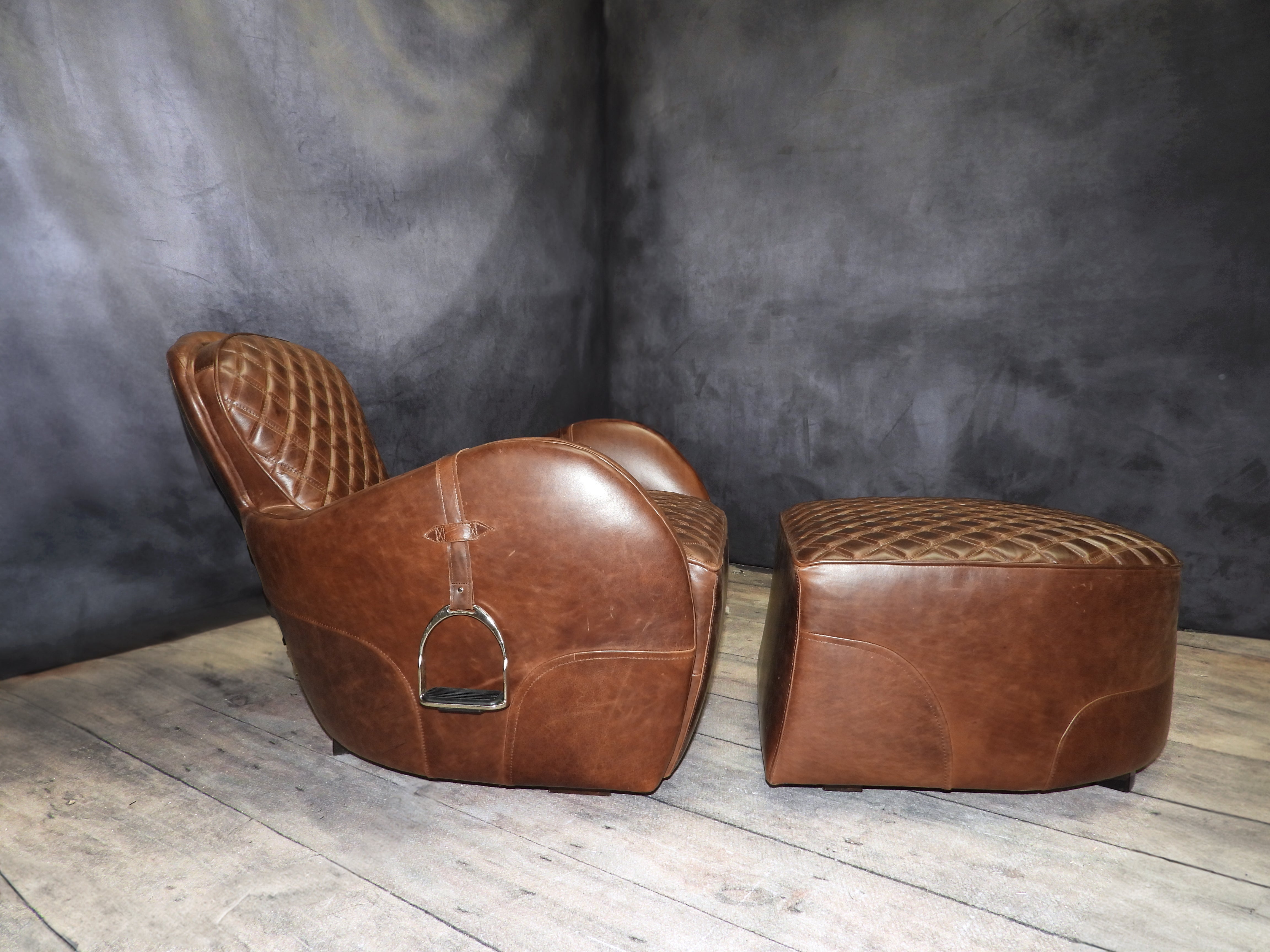 EQUESTRIAN LEATHER CHAIR AND OTTOMAN